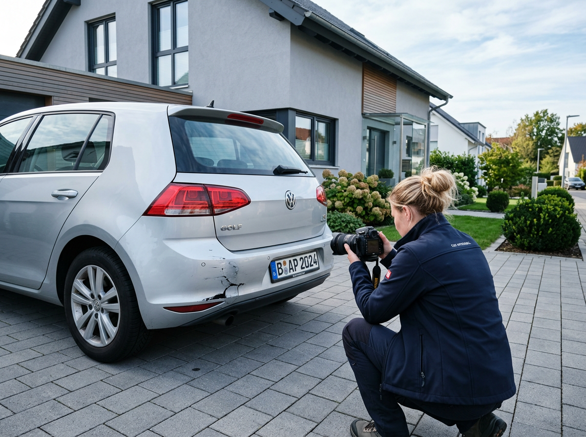 Sachverständige fotografiert einen Heckschaden vor einem Wohnhaus (Symbolbild)